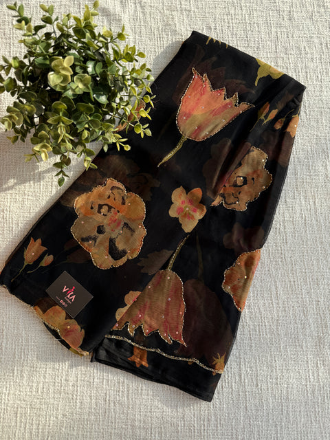 Cut dana work Floral printed chiffon saree