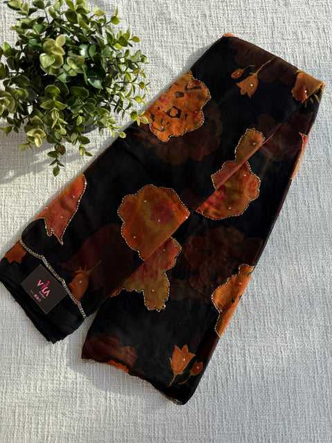 Cut dana work Floral printed chiffon saree - Black