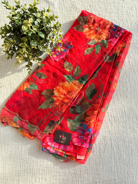 Cut dana work Floral printed chiffon saree