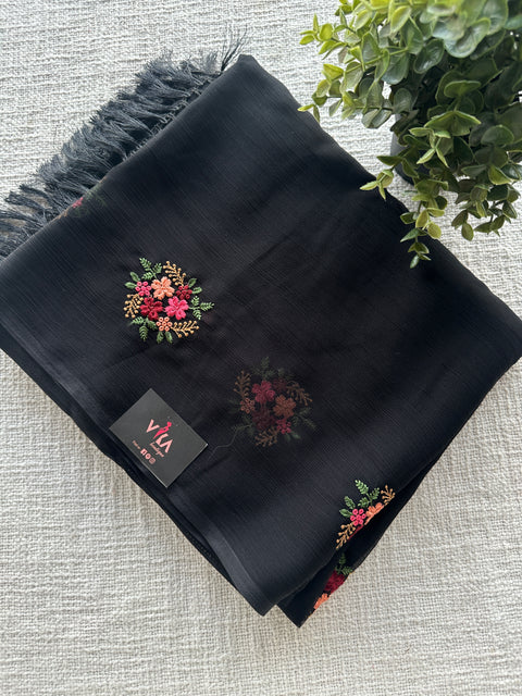 Colourful Embroidery black chiffon saree
