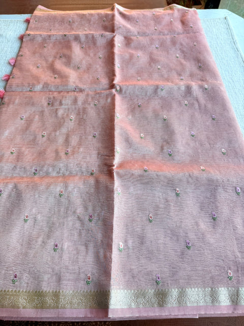 Silver zari weaving tissue saree - Lt Pink