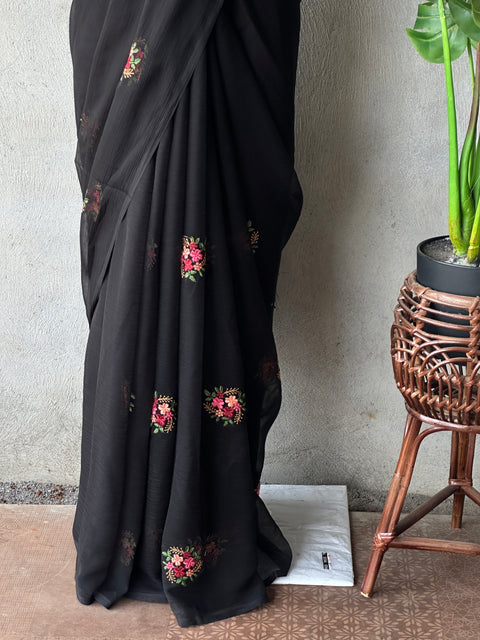 Colourful Embroidery black chiffon saree