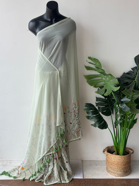 Pista green garden emb georgette saree