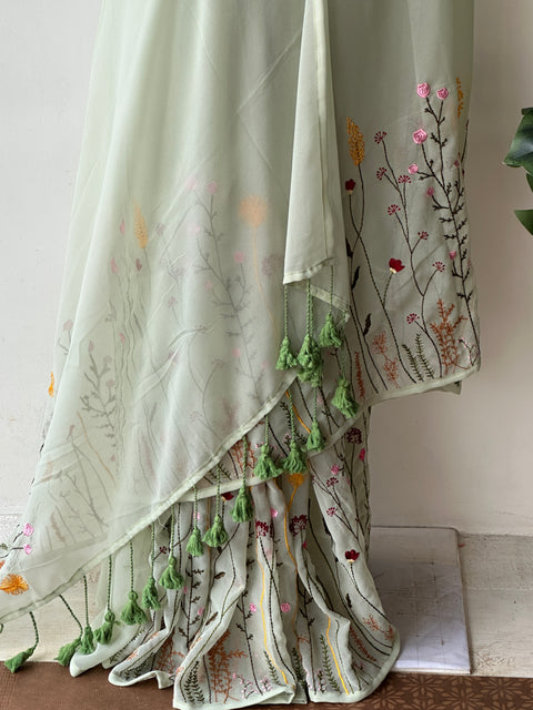 Pista green garden emb georgette saree