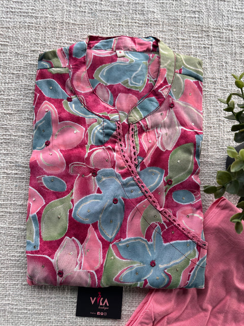 Printed modal silk angrakha kurta pant