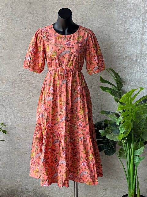 Floral printed calf length cotton gown