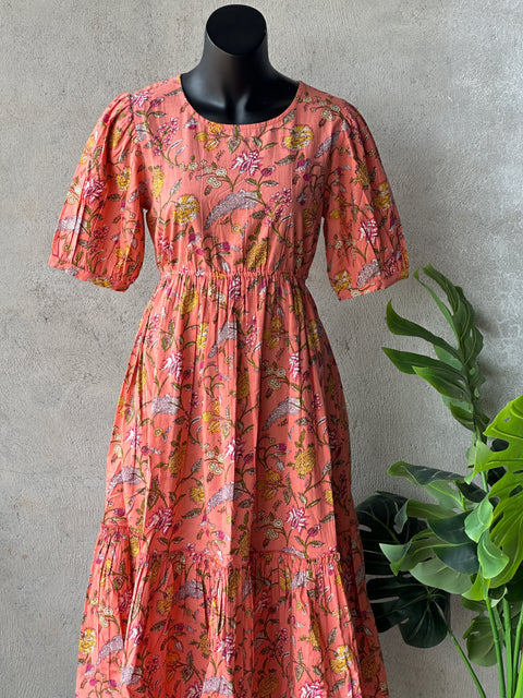 Floral printed calf length cotton gown