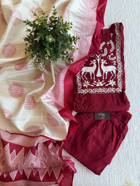 Maroon emb rayon Ready suit set
