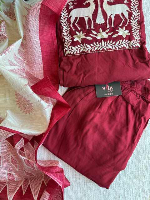 Maroon emb rayon Ready suit set