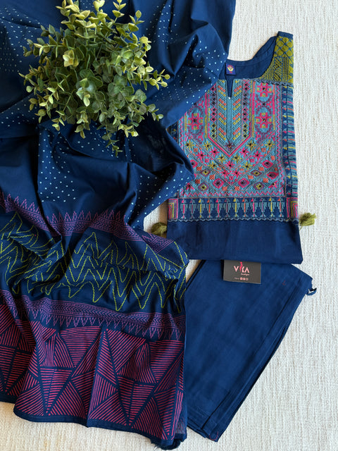 Blue emb cotton Ready suit set