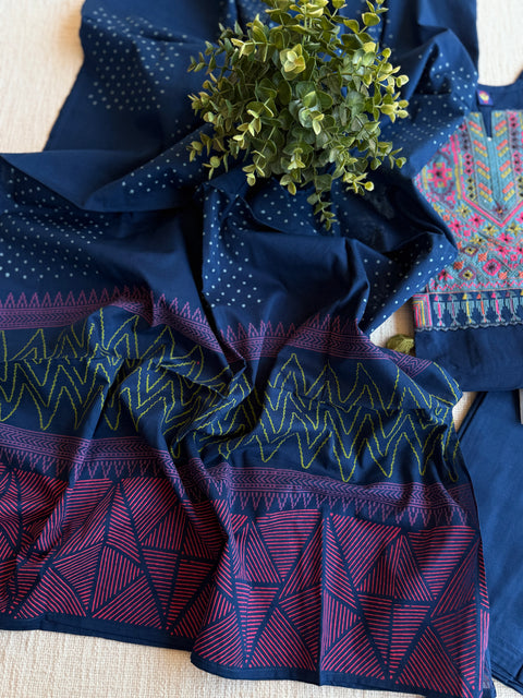 Blue emb cotton Ready suit set