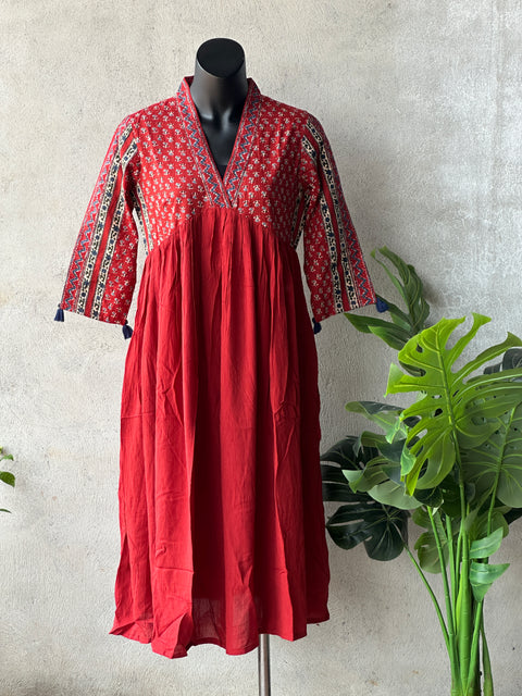Red Printed cotton collar neck gown