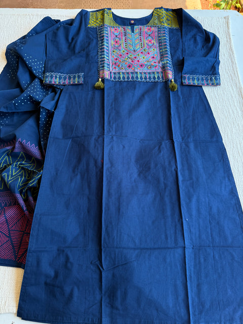 Blue emb cotton Ready suit set