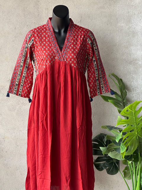 Red Printed cotton collar neck gown