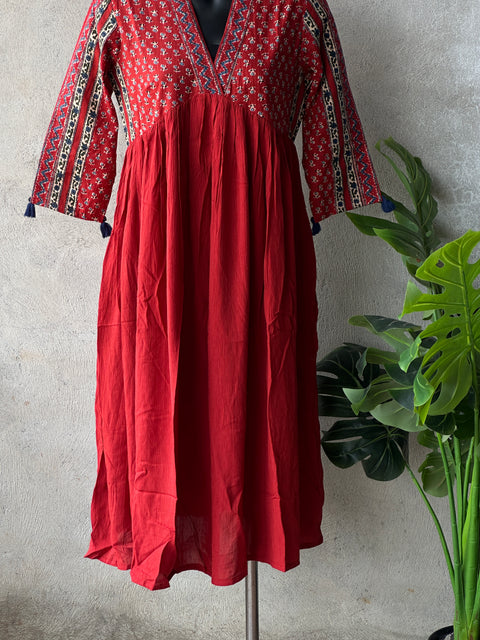 Red Printed cotton collar neck gown
