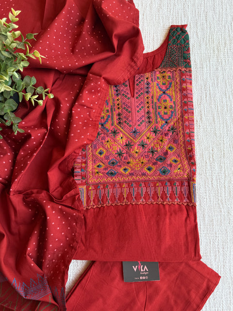 Burnt organge emb cotton Ready suit set