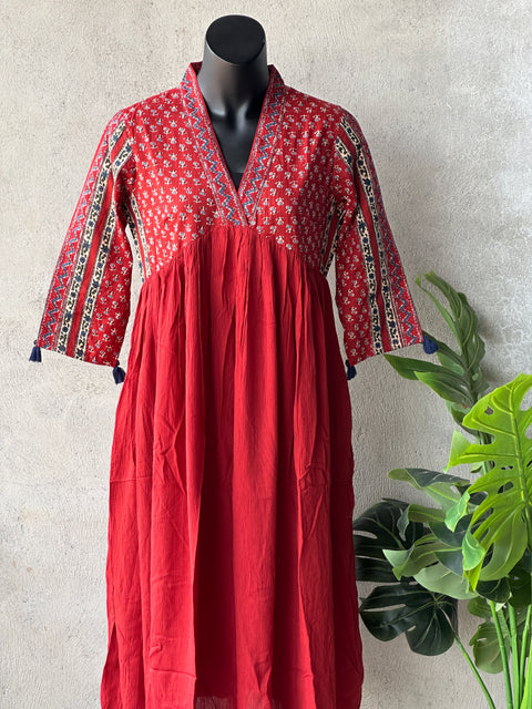 Red Printed cotton collar neck gown