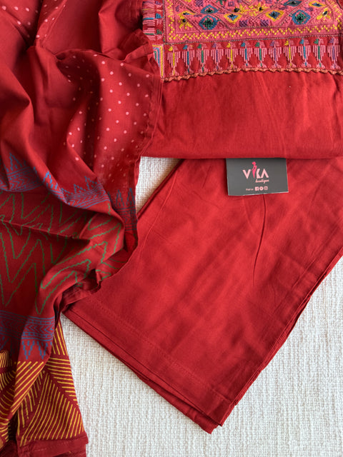 Burnt organge emb cotton Ready suit set