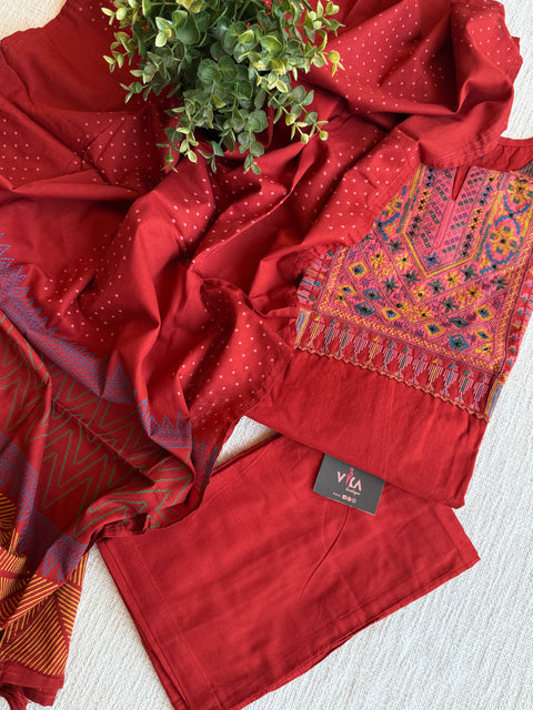 Burnt organge emb cotton Ready suit set