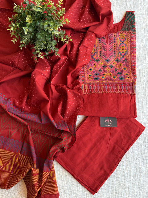 Burnt organge emb cotton Ready suit set