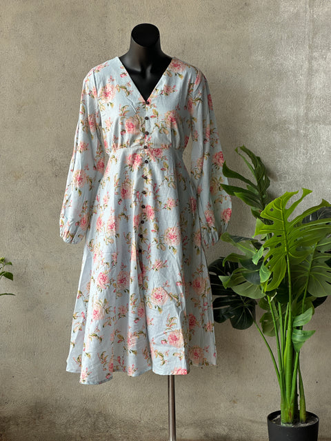Floral printed calf length cotton gown