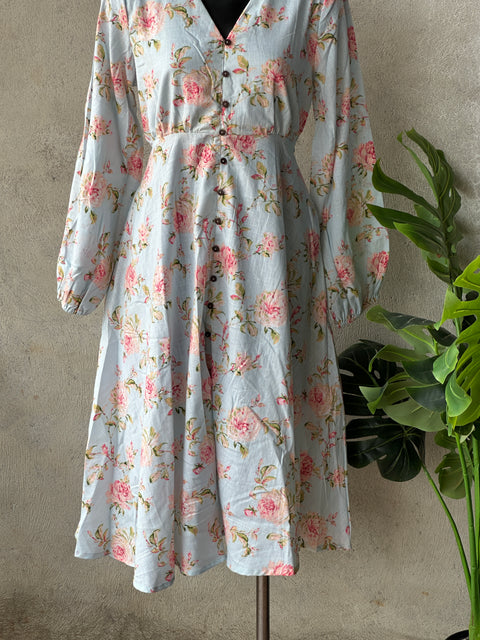 Floral printed calf length cotton gown