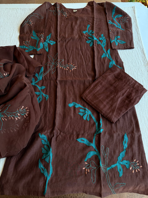 Coffee Brown Mul chanderi Ready suit set