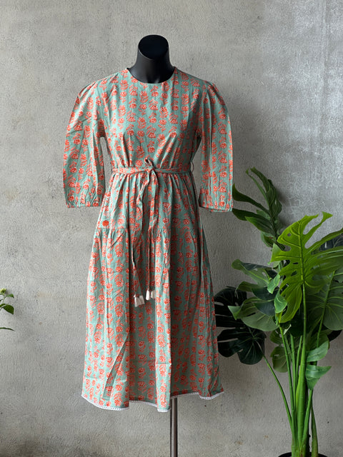 Floral printed calf length cotton gown