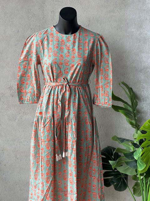 Floral printed calf length cotton gown