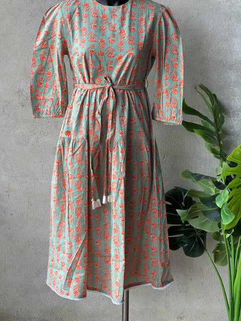 Floral printed calf length cotton gown