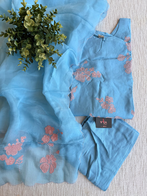 Pastel Blue Mul chanderi Ready suit set