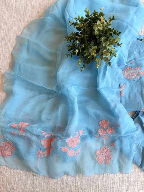 Pastel Blue Mul chanderi Ready suit set