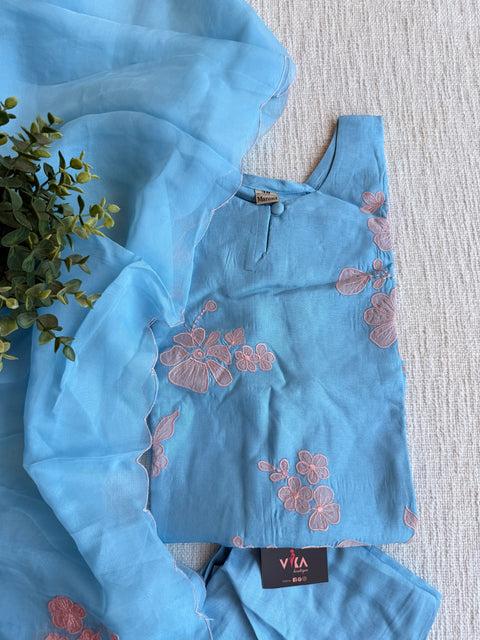 Pastel Blue Mul chanderi Ready suit set