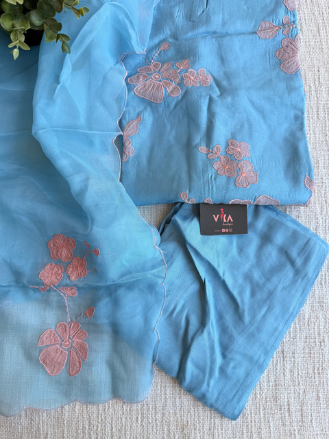 Pastel Blue Mul chanderi Ready suit set