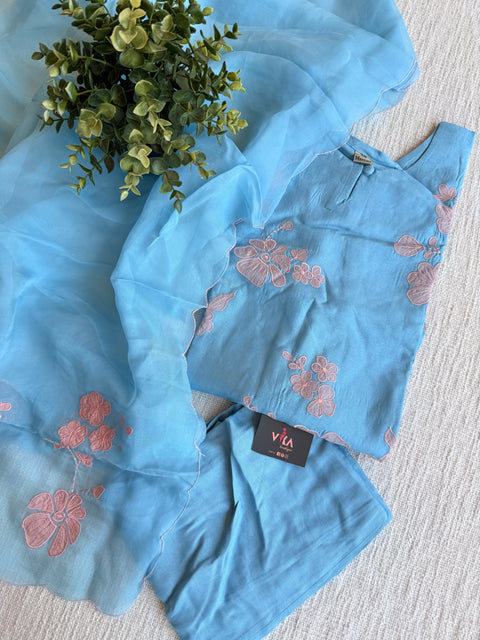 Pastel Blue Mul chanderi Ready suit set