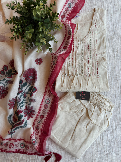 V neck kantha work cotton Ready suit set