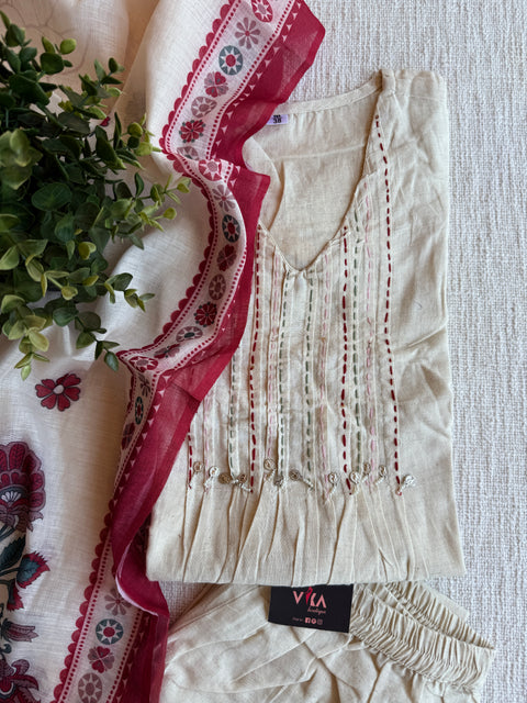 V neck kantha work cotton Ready suit set