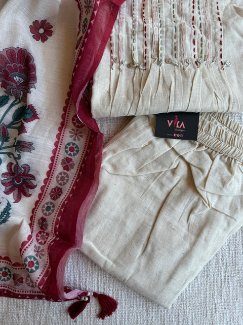 V neck kantha work cotton Ready suit set