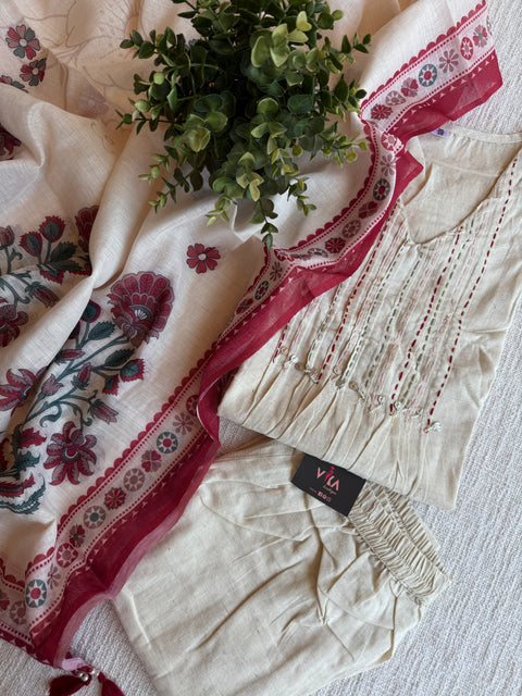 V neck kantha work cotton Ready suit set