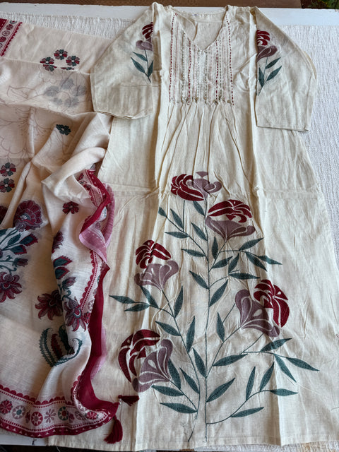 V neck kantha work cotton Ready suit set