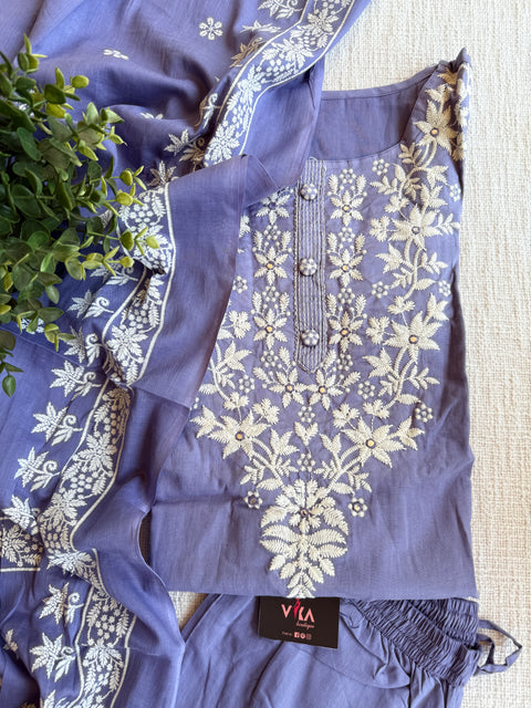 Lavender emb cotton Ready suit set