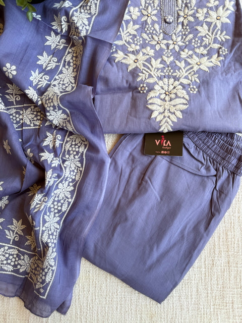Lavender emb cotton Ready suit set