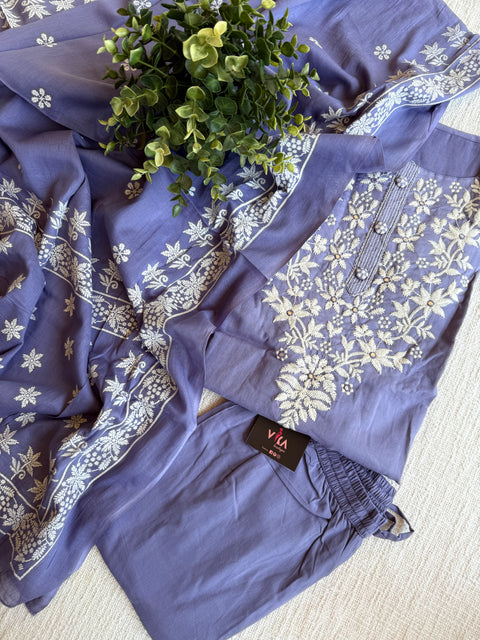 Lavender emb cotton Ready suit set