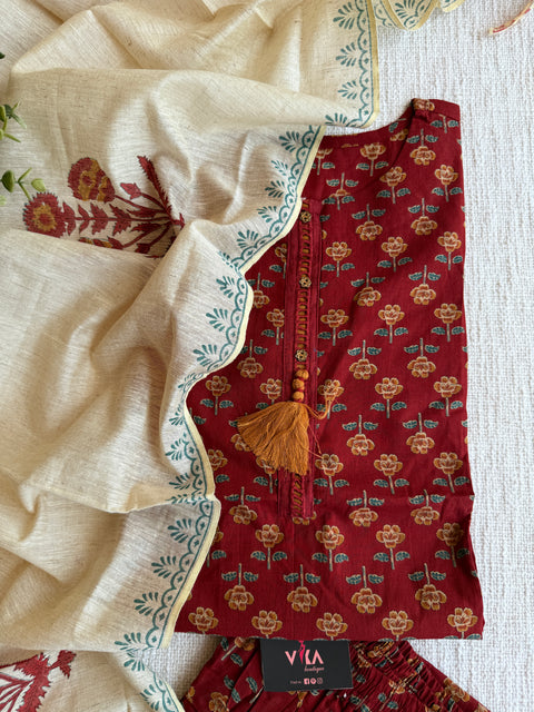 Maroon and cream cotton Ready suit set