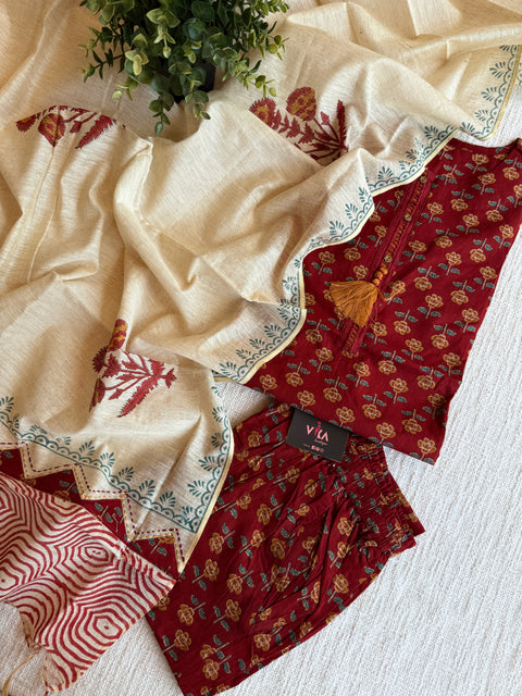 Maroon and cream cotton Ready suit set