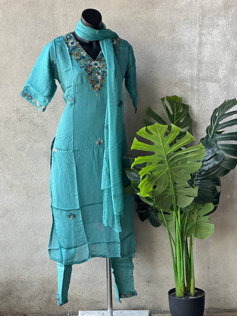 Hand embroidery chinnon silk kurti pant set