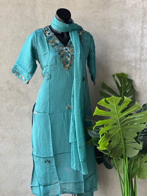 Hand embroidery chinnon silk kurti pant set