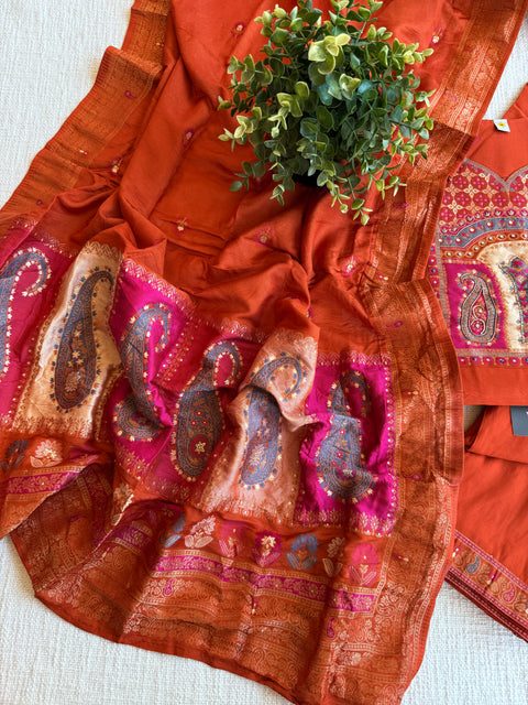 Orange Roman silk Ready suit set