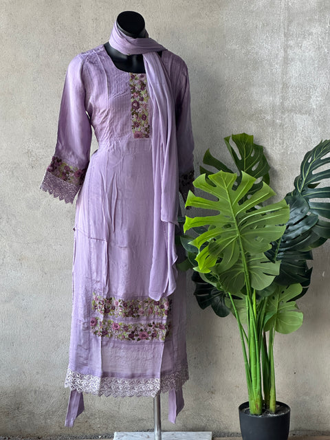 Lavender Lace and emb kurti pant set