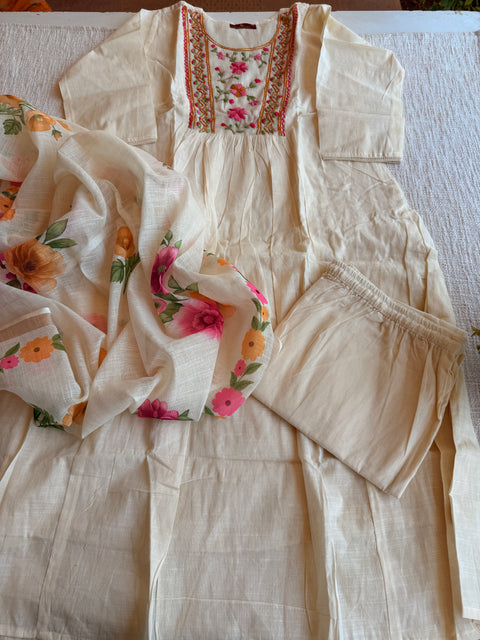 Cream chanderi Ready suit set
